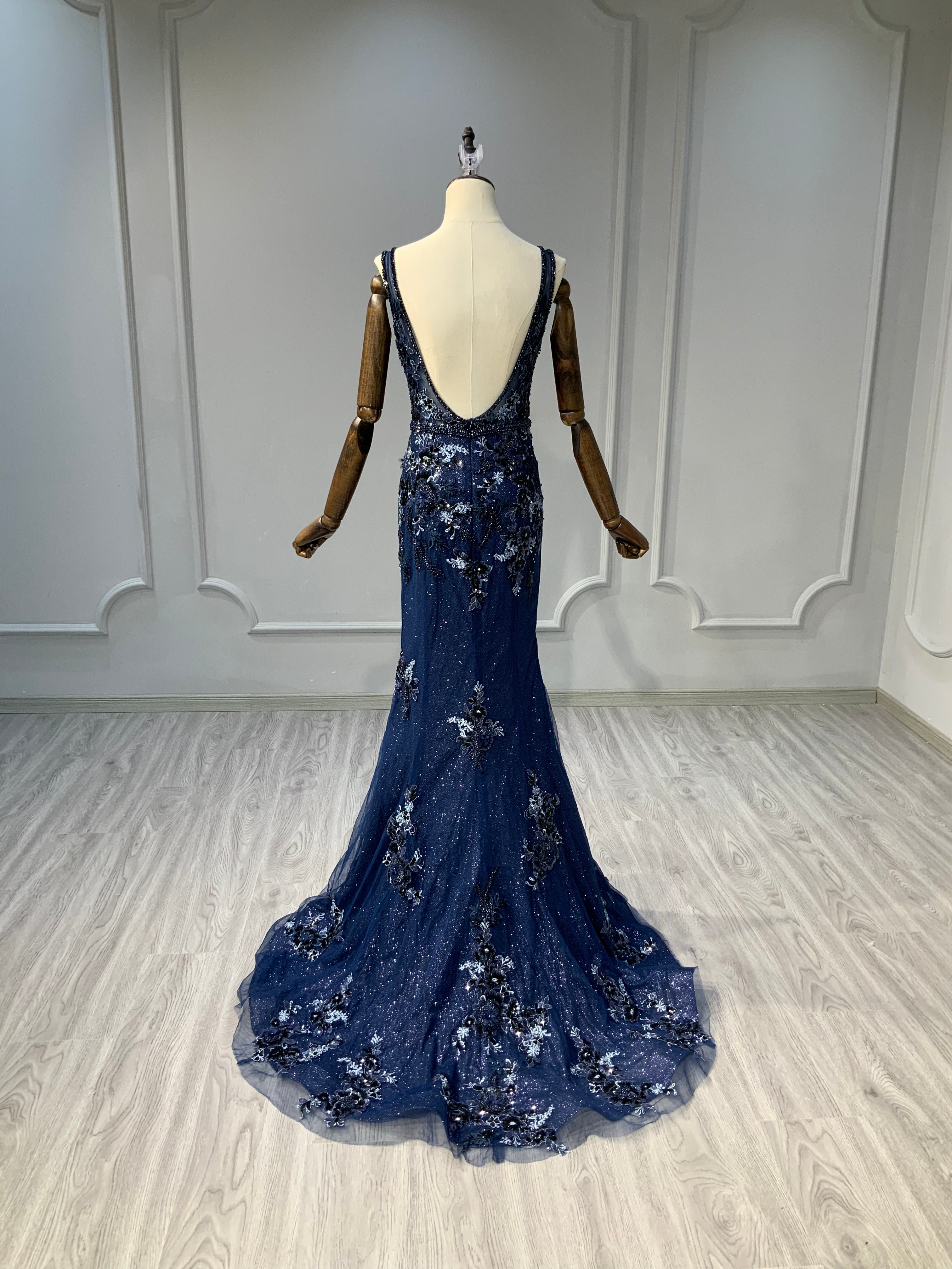 Ostty Navy Deep V Sequin Floral Evening Gown OST-NT019-25 (Wholesale)