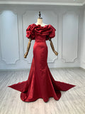 Ostty Sculptural Sleeve Red Satin Gown OST-RG014-25 (Wholesale)