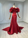 Ostty Sculptural Sleeve Red Satin Gown OST-RG014-25 (Wholesale)