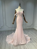 Ostty Blush Pink Off-Shoulder Lace Wedding Dress with Train OST-RP008-25 (Wholesale)
