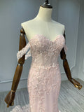 Ostty Blush Pink Off-Shoulder Lace Wedding Dress with Train OST-RP008-25 (Wholesale)