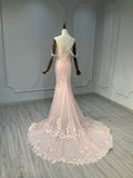 Ostty Blush Pink Off-Shoulder Lace Wedding Dress with Train OST-RP008-25 (Wholesale)