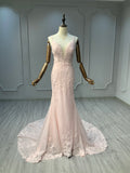 Ostty Blush Pink Spaghetti Strap Lace Wedding Dress OST-RV010-25 (Wholesale)