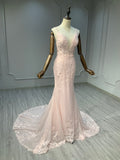 Ostty Blush Pink Spaghetti Strap Lace Wedding Dress OST-RV010-25 (Wholesale)