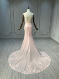Ostty Blush Pink Spaghetti Strap Lace Wedding Dress OST-RV010-25 (Wholesale)
