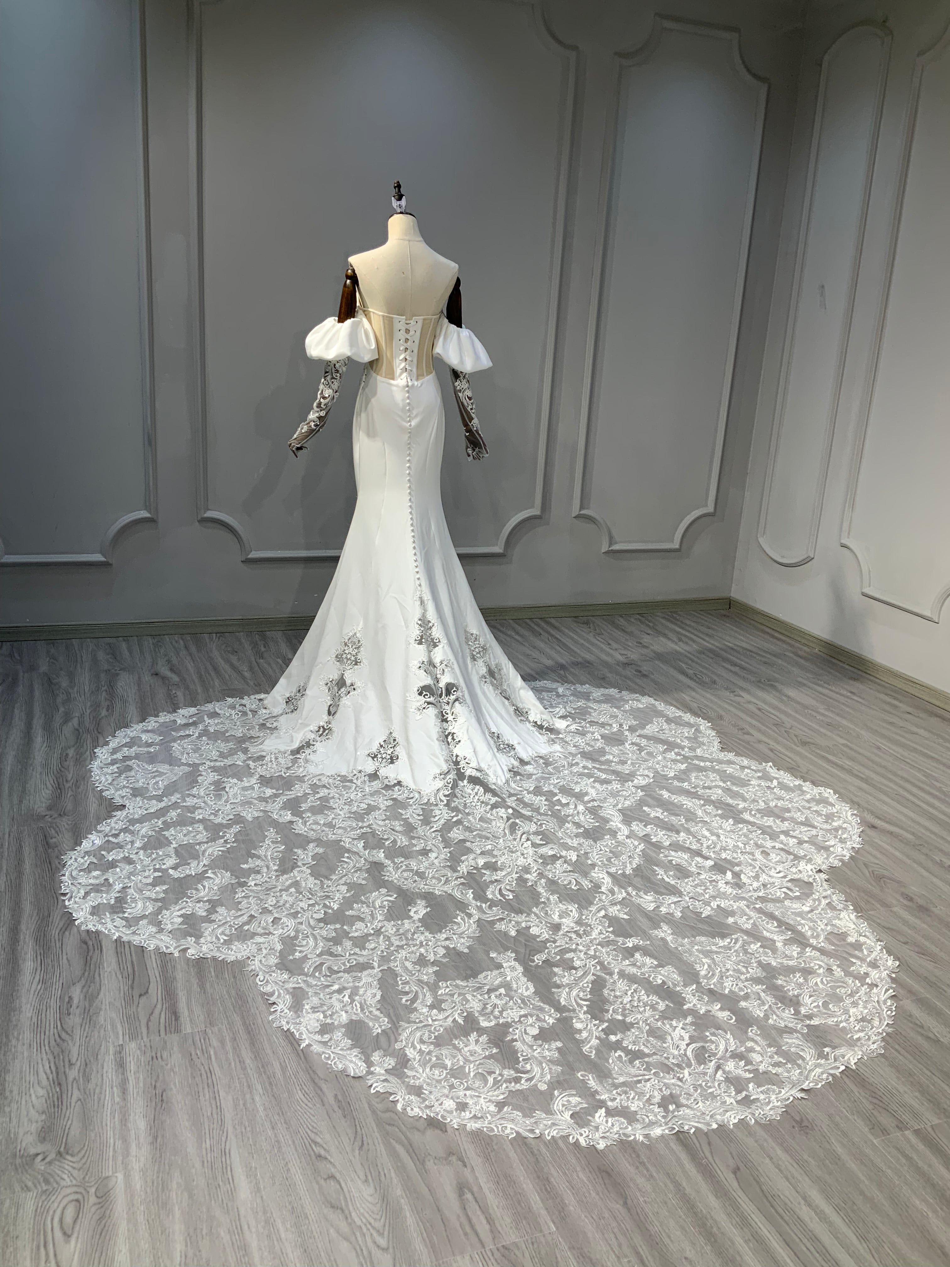 Ostty Satin Mermaid Wedding Dress with Illusion Long Sleeves OST-SL026-25 (Wholesale)