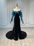 Ostty Velvet Evening Gown with Blue Satin Sleeves OST-VB028-25 (Wholesale)