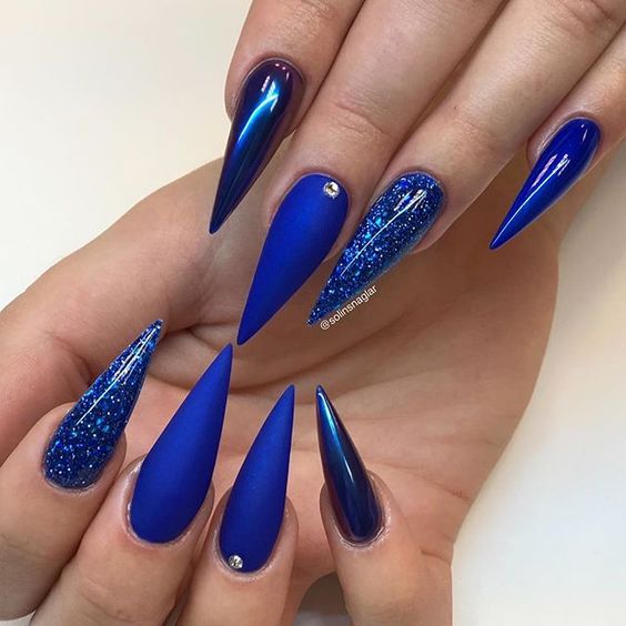 Cute Stiletto Nails With Matte Accents; Blue Stiletto nails; cute Stiletto nails; Stiletto coffin nails; easy Stiletto nails; Stiletto nails designs;