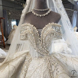 Beads Lace off-Shoulder Wedding Dress with Large Train Ball Gown OSA0828 - Custom made / White - $1,199.99