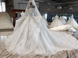 Beads Lace off-Shoulder Wedding Dress with Large Train Ball Gown OSA0828 - Custom made / White - $1,199.99