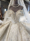 Beads Lace off-Shoulder Wedding Dress with Large Train Ball Gown OSA0828 - Custom made / White - $1,199.99