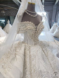 Beads Lace off-Shoulder Wedding Dress with Large Train Ball Gown OSA0828 - Custom made / White - $1,199.99