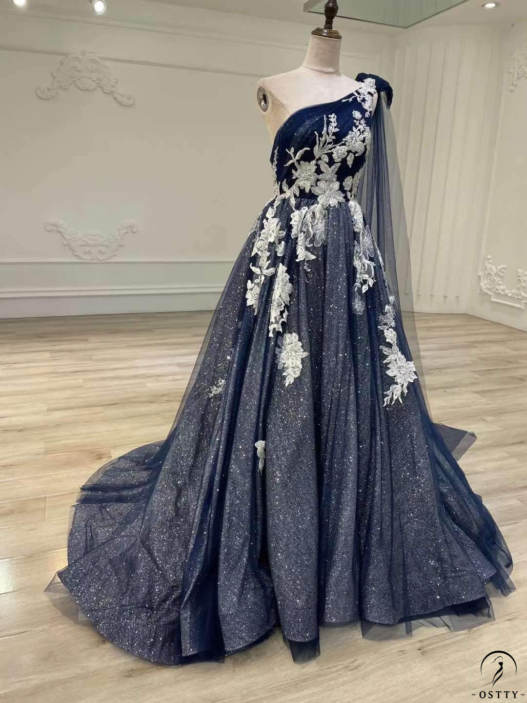 OSTTY - Blue A line One Shoulder Party Dress Prom Dress OS0107 $499.99 OSTTY - Blue A line One Shoulder Party Dress Prom Dress OS0107 $499.99