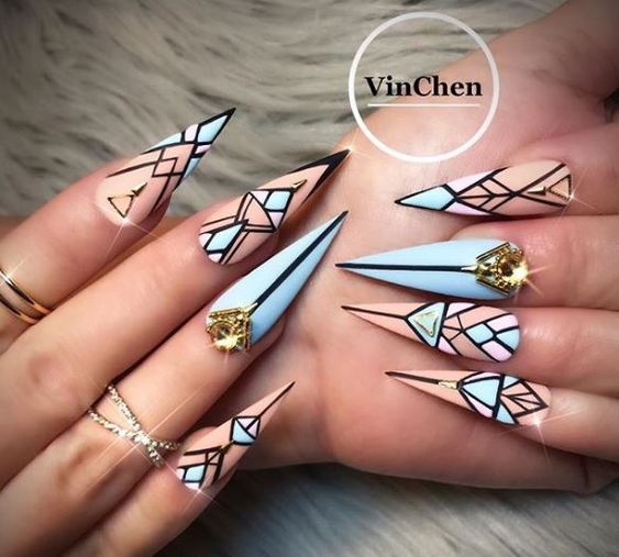 Geometric Design For Stiletto Nails; Geometric Stiletto nails; cute Stiletto nails; Stiletto coffin nails; easy Stiletto nails; Stiletto nails designs;