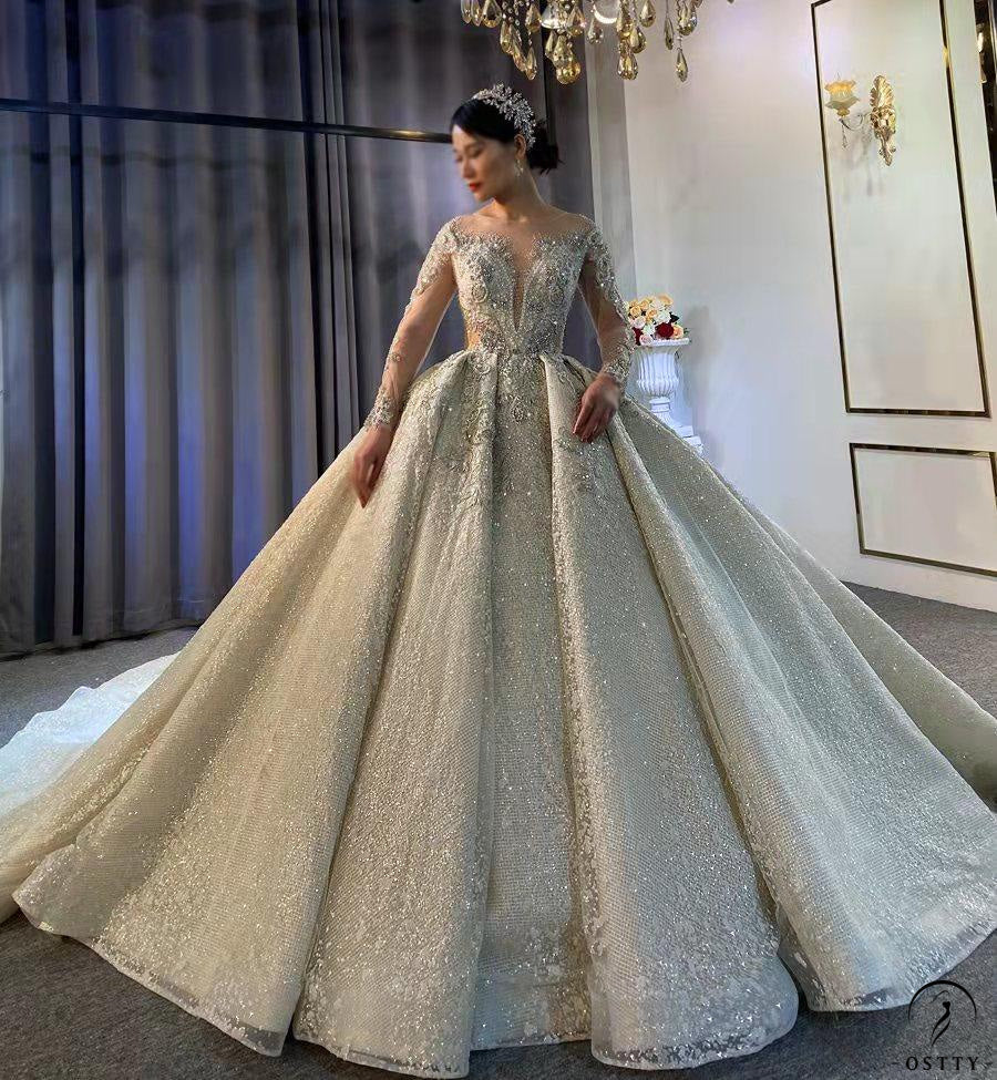 OSTTY - High level Grey Long Sleeve V Neck beading Wedding Dress OS4084 $1,599.90 OSTTY - High level Grey Long Sleeve V Neck beading Wedding Dress OS4084 $1,599.90