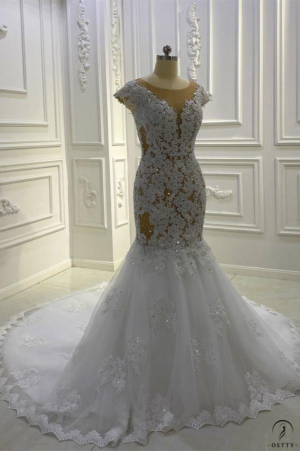 OSTTY - Lace Mermaid Wedding Dresses Round Neck Short Sleeves OS850 $785 OSTTY - Lace Mermaid Wedding Dresses Round Neck Short Sleeves OS850 $785