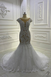 Lace Mermaid Wedding Dresses Round Neck Short Sleeves OS850
