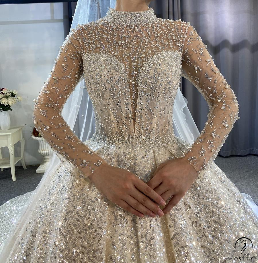 OSTTY - Luxury Gold Wedding Dress Long Sleeve Hign Neck Full Beading Ball Gown $1,572 OSTTY - Luxury Gold Wedding Dress Long Sleeve Hign Neck Full Beading Ball Gown $1,572