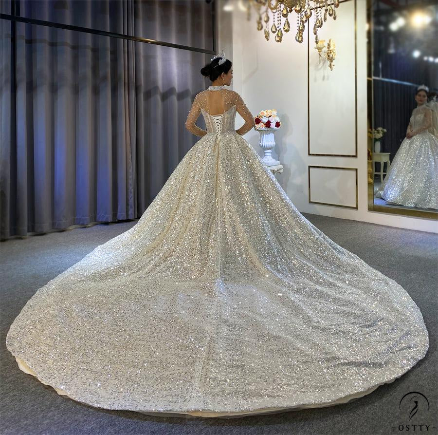 OSTTY - Luxury Gold Wedding Dress Long Sleeve Hign Neck Full Beading Ball Gown $1,572 OSTTY - Luxury Gold Wedding Dress Long Sleeve Hign Neck Full Beading Ball Gown $1,572