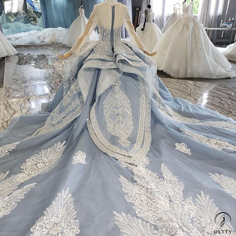 OSTTY Luxury Grey Wedding Dress Long Sleeve V Neck Ball Gown Crystal Dresses OS2211 899.99