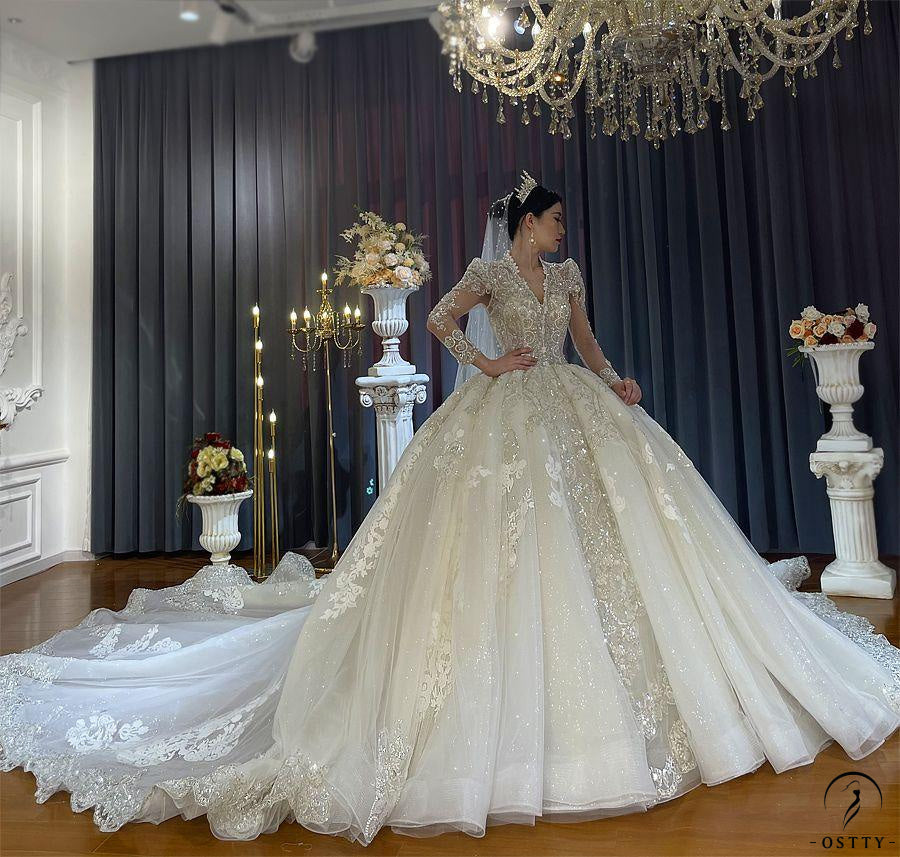 Ball Gown Outsize Wedding Dresses OSTTY Luxury White Long Sleeves