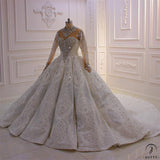 Luxury White Wedding Dress Long Sleeve High Neck Full Beading Ball Gown - $1,399.99