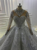 Luxury White Wedding Dress Long Sleeve High Neck Full Beading Ball Gown - $1,399.99