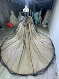 OS0908 Black Off Shoulder Lace Appliqued Dress - $750
