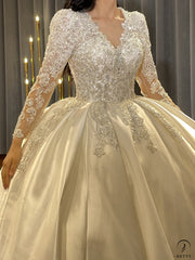 OS4488 Satin Long Sleeves Deep V Neck Wedding Dress