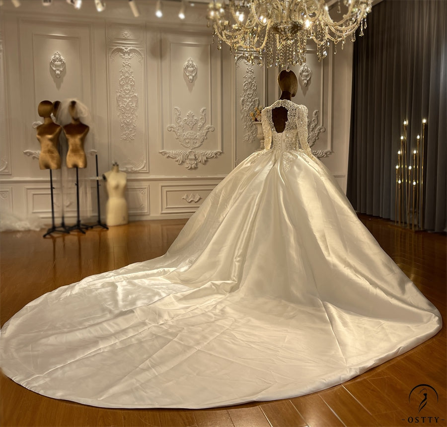 OS4488 Satin Long Sleeves Deep V Neck Wedding Dress - $1,026
