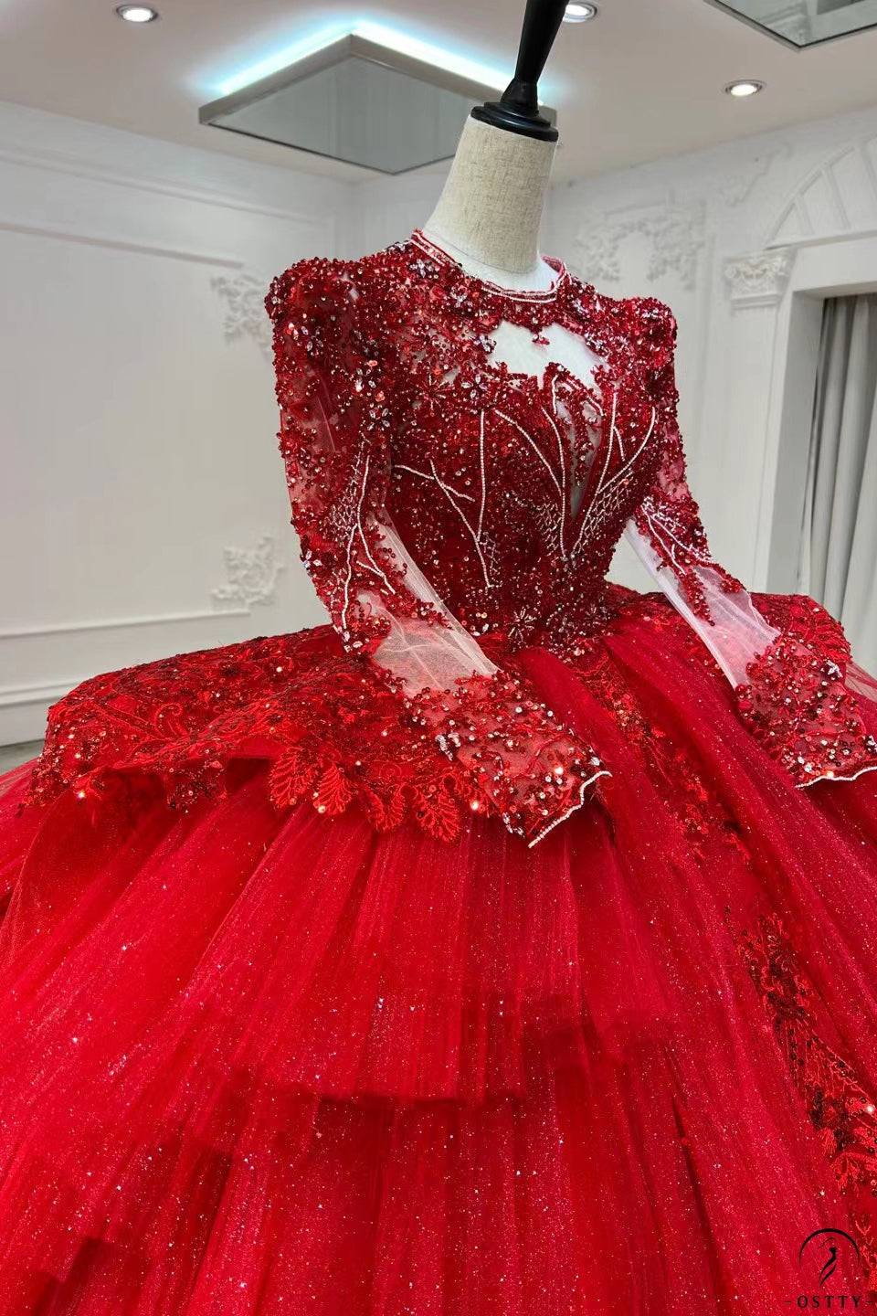 Luxury Beaded Lace Red Evening Prom Dress in Dubai Short Sleeves –  loveangeldress