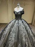 Ostty Black One Shoulder V Neck Long Train Wedding Dress OS003 - $699.99