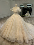 Ostty Luxury Champagne Short Sleeves Wedding Dress - Quinceanera Dress $1,299