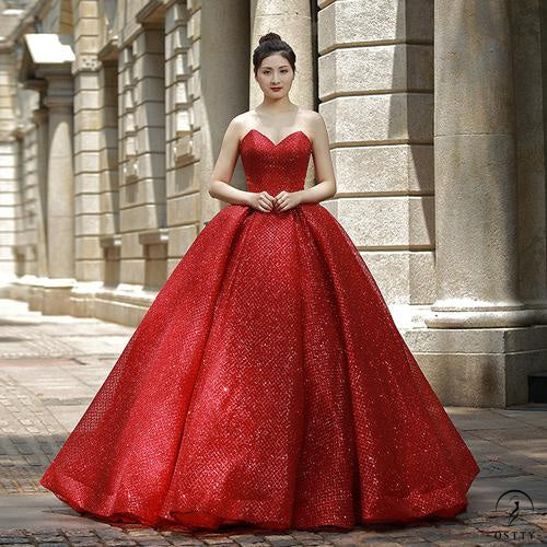 OSTTY Red Bridal Wedding Korean Style Tube Top Red Wedding Dress Youyagongzhu Floor Length