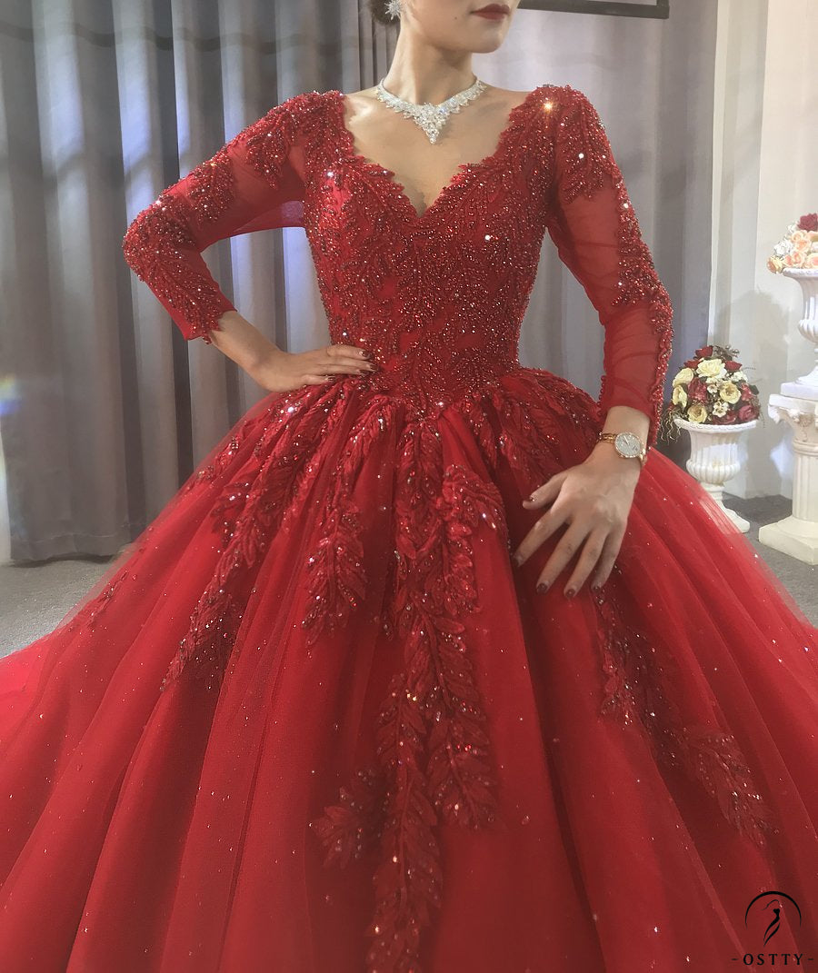 OSTTY - Red V Neck Long Sleeves Beading Wedding Dress OS3915 $1,299.99 OSTTY - Red V Neck Long Sleeves Beading Wedding Dress OS3915 $1,299.99