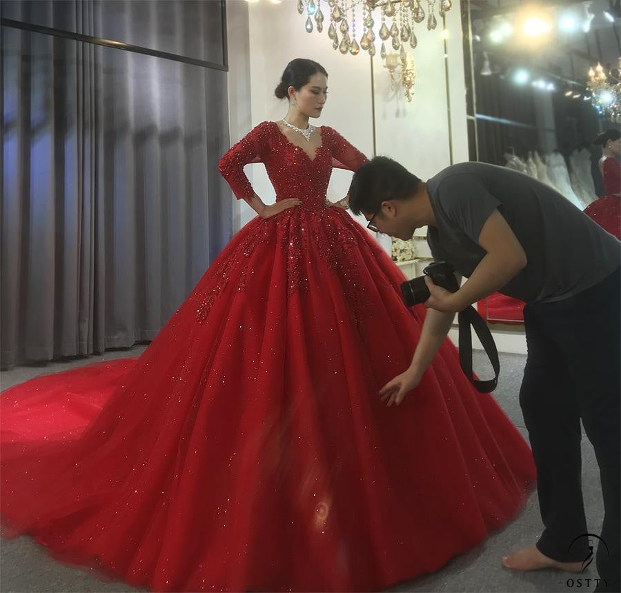OSTTY - Red V Neck Long Sleeves Beading Wedding Dress OS3915 $1,299.99 OSTTY - Red V Neck Long Sleeves Beading Wedding Dress OS3915 $1,299.99