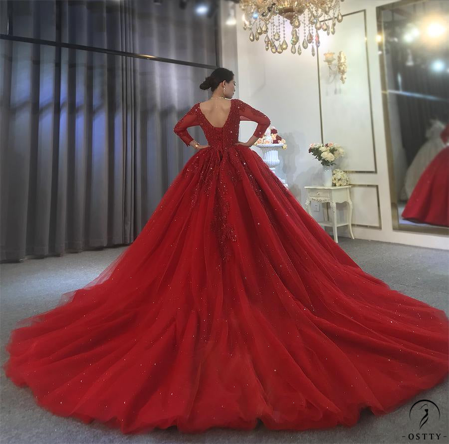 red long sleeve wedding dresses Long Sleeves Sheath Lace Prom Dress Red Wedding Dress with Chapel Train ARD2661