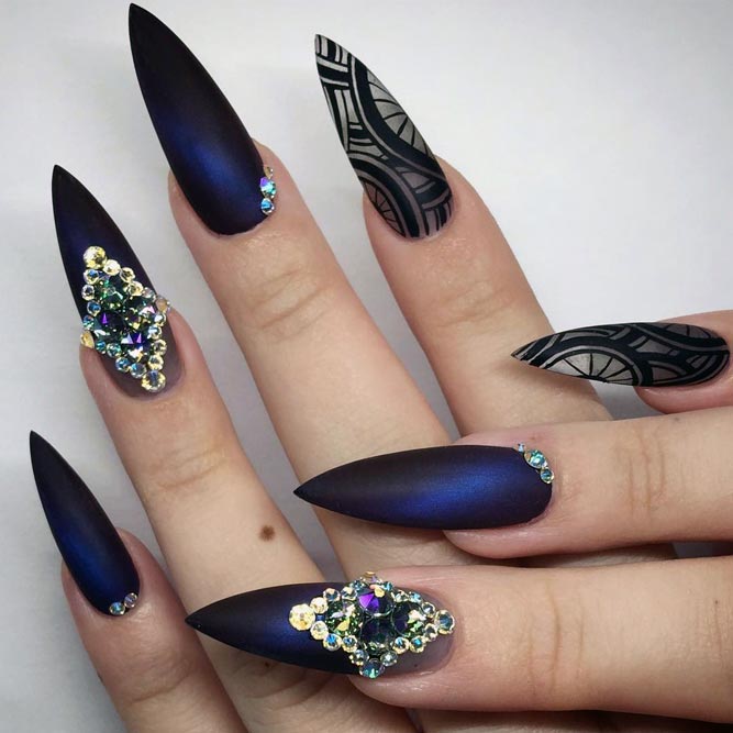 Cute Stiletto Nails With Matte Accents; Blue Stiletto nails; cute Stiletto nails; Stiletto coffin nails; easy Stiletto nails; Stiletto nails designs;