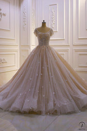 White Boat Neck Long Sleeves Wedding Dress Ball Gown OS802