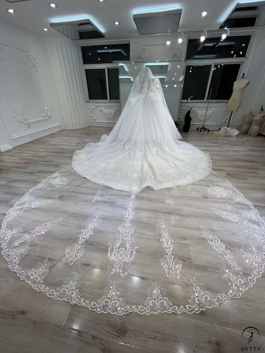 OSTTY - White Long Sleeve V neck Long Train Wedding Dress OSL202202 $899.99 OSTTY - White Long Sleeve V neck Long Train Wedding Dress OSL202202 $899.99