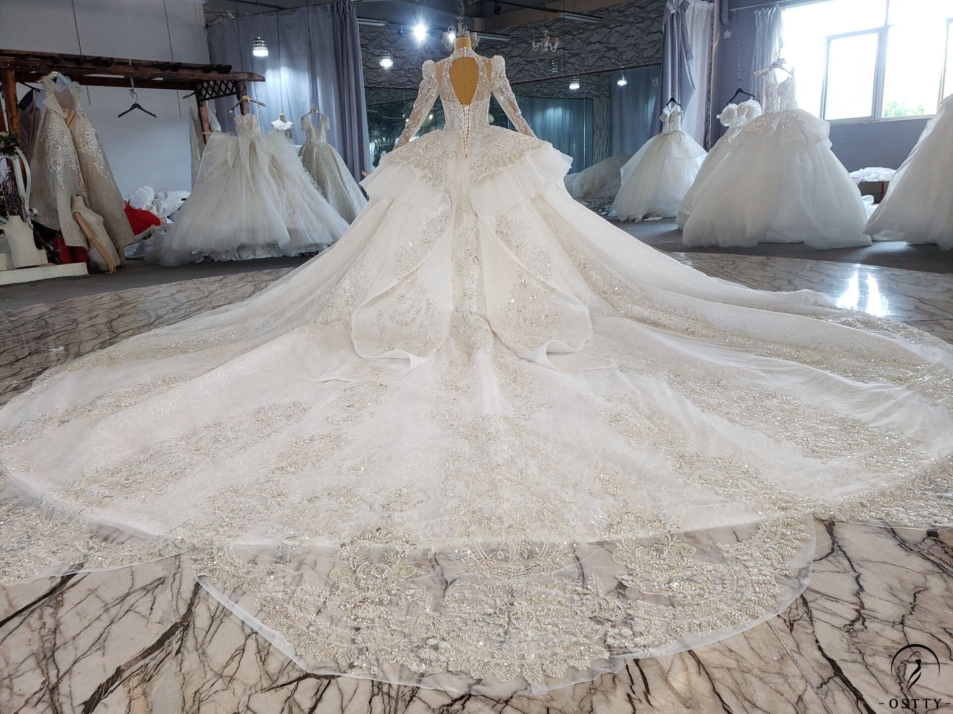 OSTTY - White Long Sleeve Wedding Dress With Train High Waist Ball Gown OSA081901 $1,299.99 OSTTY - White Long Sleeve Wedding Dress With Train High Waist Ball Gown OSA081901 $1,299.99