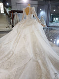 White Luxury Long Sleeve Wedding Dress With Train Pearl Sequins Lace High Waist Ball Gown OSA081901 - $1,299.99