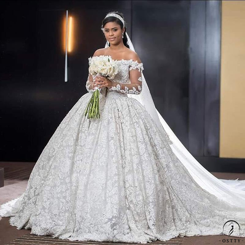 one shoulder long sleeve wedding dress Plus Size Off One Shoulder Wedding Dress with Long Sleeves - Aline Wedding Dress with Lace Sleeves and Side Slit