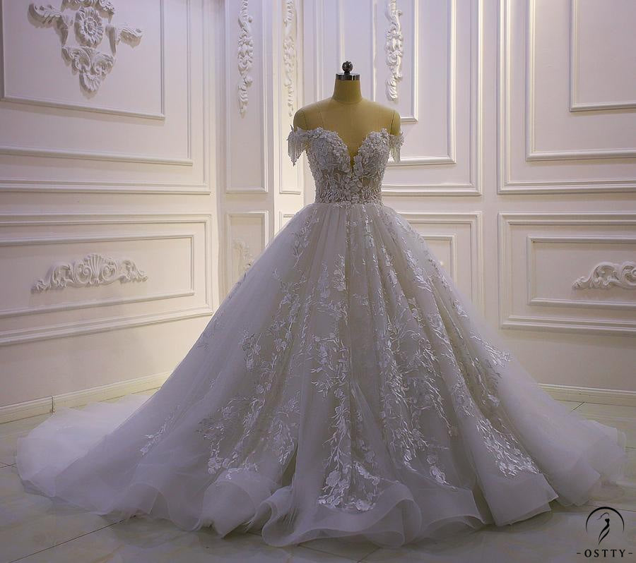 flower one shoulder wedding dresses One-Shoulder Mermaid Wedding Dress: Beaded Bodice, 3D Flowers, Tulle Train