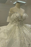 White Queen Collar Short Sleeve Crystals Pearl Wedding Dress OS09281 - Wedding Dresses $1,199.99