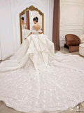White Queen Collar Short Sleeve Crystals Pearl Wedding Dress OS09281 - Wedding Dresses $978.99