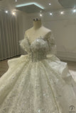 White Queen Collar Short Sleeve Crystals Pearl Wedding Dress OS09281 - Wedding Dresses $1,199.99