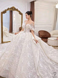 White Queen Collar Short Sleeve Crystals Pearl Wedding Dress OS09281 - Wedding Dresses $978.99