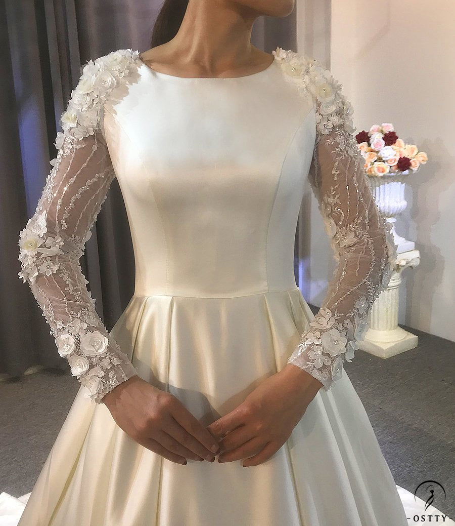 OSTTY - White Satin Round Neck Long Sleeves Wedding Dress OS3940 $999.99 OSTTY - White Satin Round Neck Long Sleeves Wedding Dress OS3940 $999.99