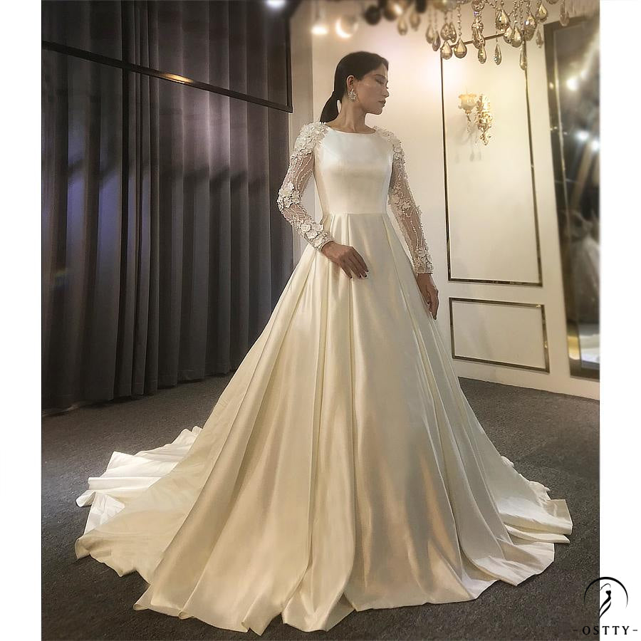 OSTTY - White Satin Round Neck Long Sleeves Wedding Dress OS3940 $999.99 OSTTY - White Satin Round Neck Long Sleeves Wedding Dress OS3940 $999.99